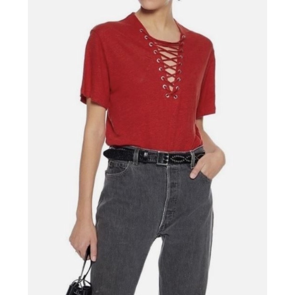 IRO Paris 100% Linen Lace Up V-Neck Short Sleeve Top Red Women's XS